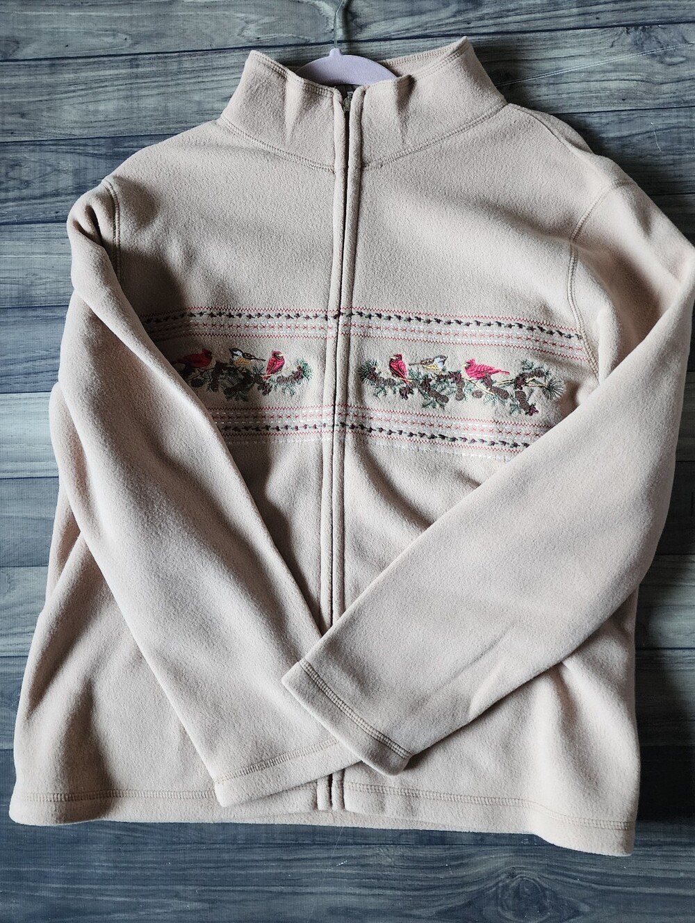 Country Store Beige Fleece Zip Up With Embroidered Cardinals/Birds